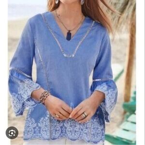 Sundance Eyelet Scallop Boho V Neck Blouse Sz XL